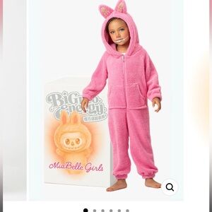 Pink Fuzzy Labubu Style Hooded Onesie for Kids